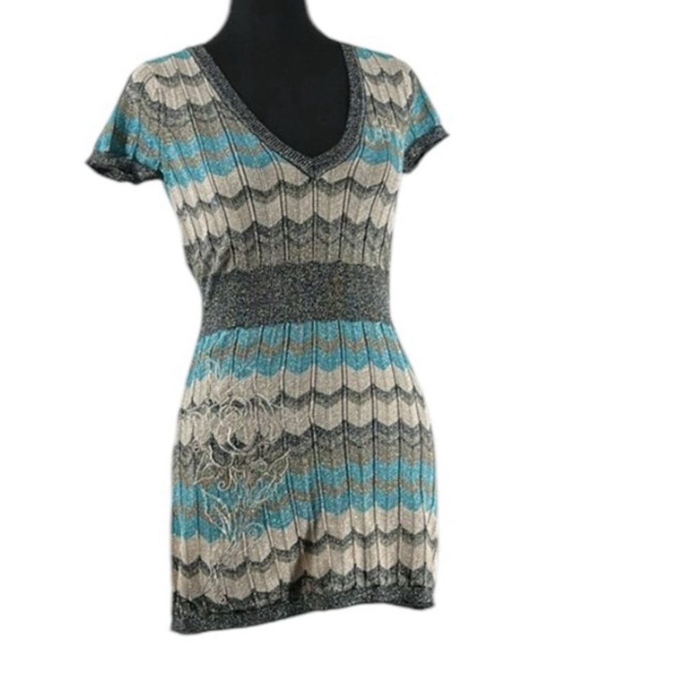 Ed Hardy y2k top Knit Graphic Sleeve Mini Sweater Dress 2000’s metallic Size sm